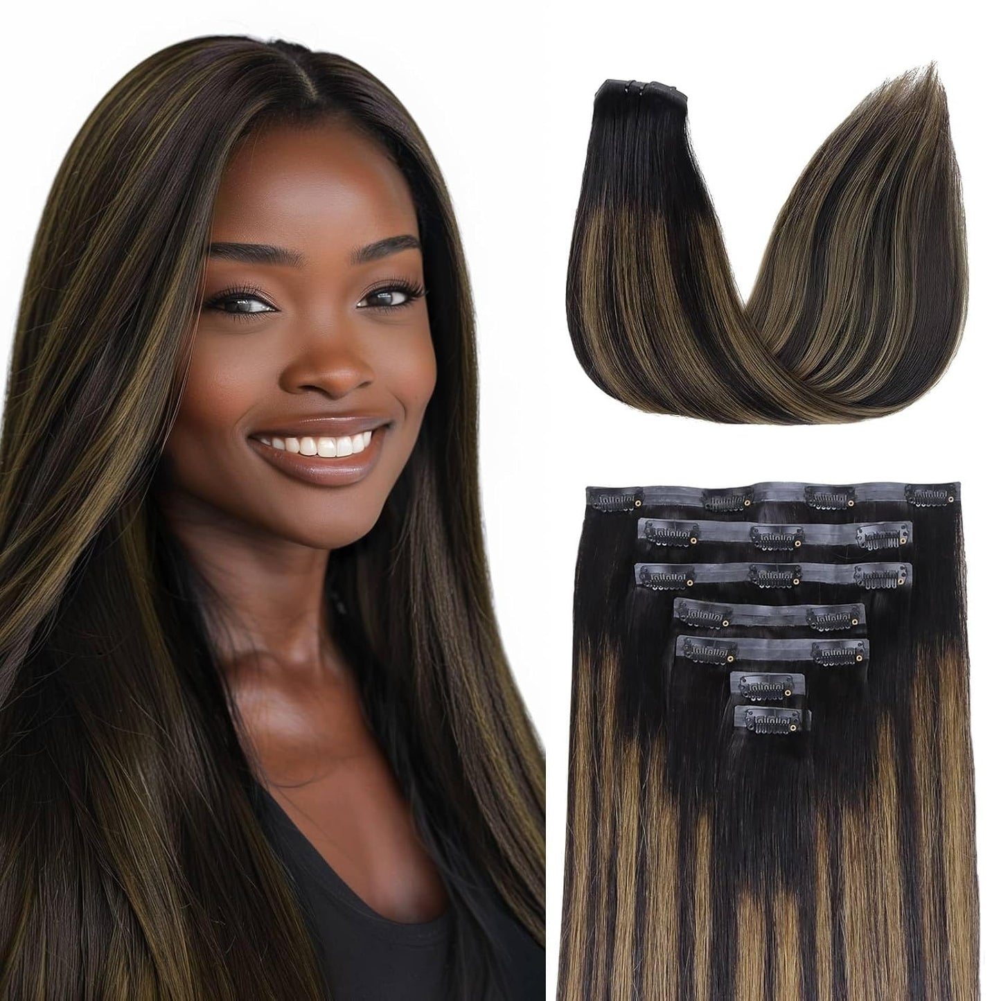 Seamless Clip in Hair Extensions - Human Hair Kinky Curly, 14 Inch 110G Natural Black, Ultra-Thin 0.8Mm PU Weft Real Human Hair Clip Ins