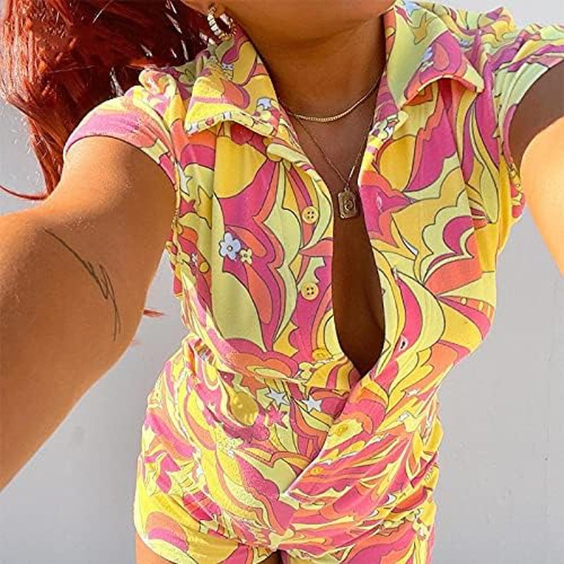 Women Short Sleeve Jumpsuit Bodycon Rompers Sexy V Neck Buttons Polo One Piece Bodysuit Knitted Overalls
