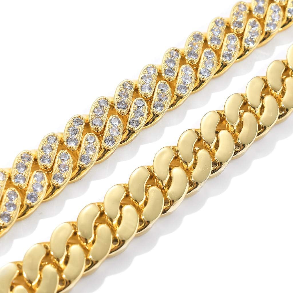 Gold Cuban Chain for Men,Hip Hop 13Mm 14K Gold Plated Iced Out Lab Diamond Miami Cuban Link Chain Necklace,Full Cz Diamond Cut