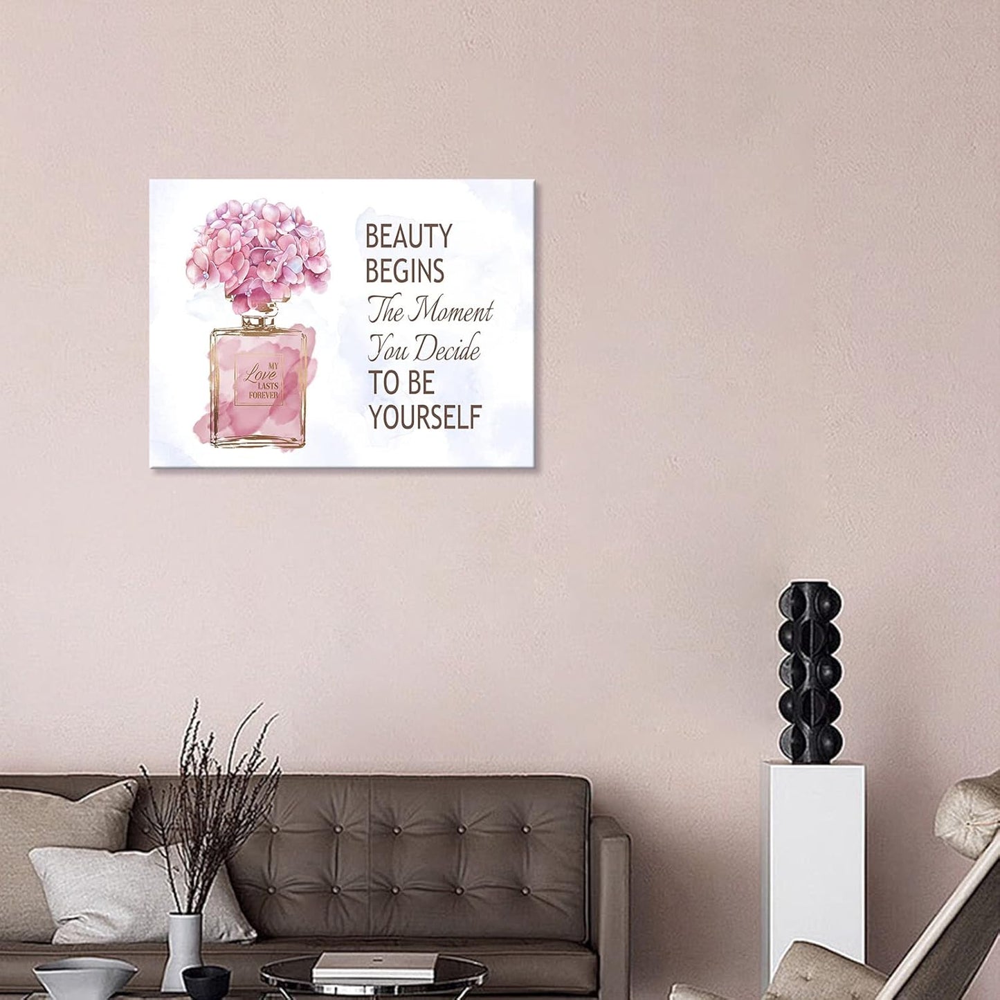 Elegant Gold Bottle & Pink Flower Canvas Wall Art - Inspirational Quotes for Bathroom, Bedroom & Powder Room - 16" x 12