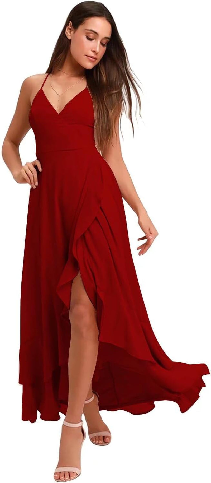 Spaghetti Strap Chiffon Bridesmaid Dresses Long for Women V Neck Slit High Low Formal Maxi Gown