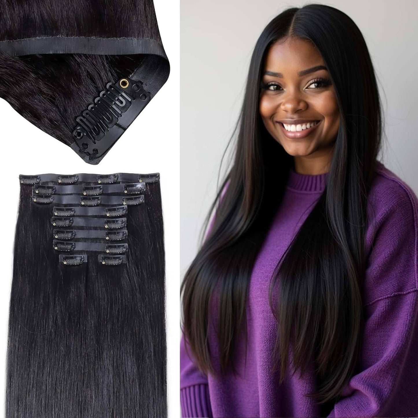Seamless Clip in Hair Extensions - Human Hair Kinky Curly, 14 Inch 110G Natural Black, Ultra-Thin 0.8Mm PU Weft Real Human Hair Clip Ins