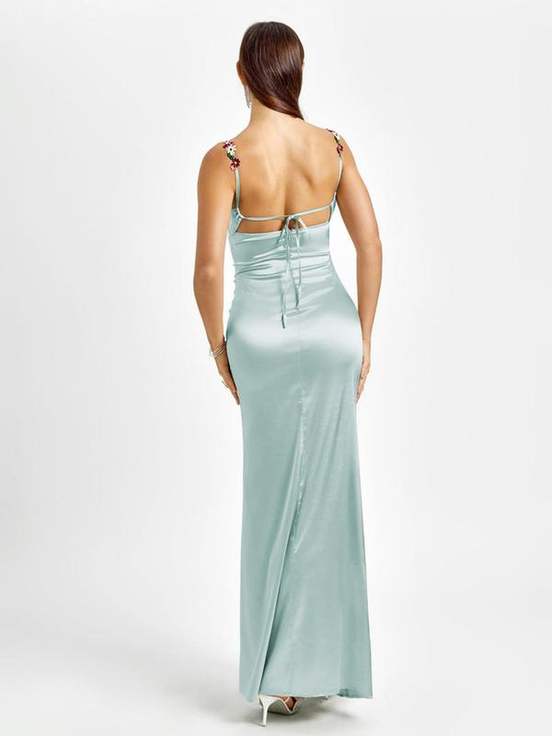 Parthea Backless Floral Embroidery Splicing Back Tie Mermaid Hem Bodycon Cami Dress,Suitable for Dates, Parties, Vacations and Formal Dinners