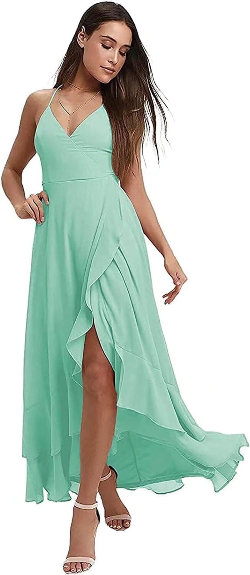 Spaghetti Strap Chiffon Bridesmaid Dresses Long for Women V Neck Slit High Low Formal Maxi Gown