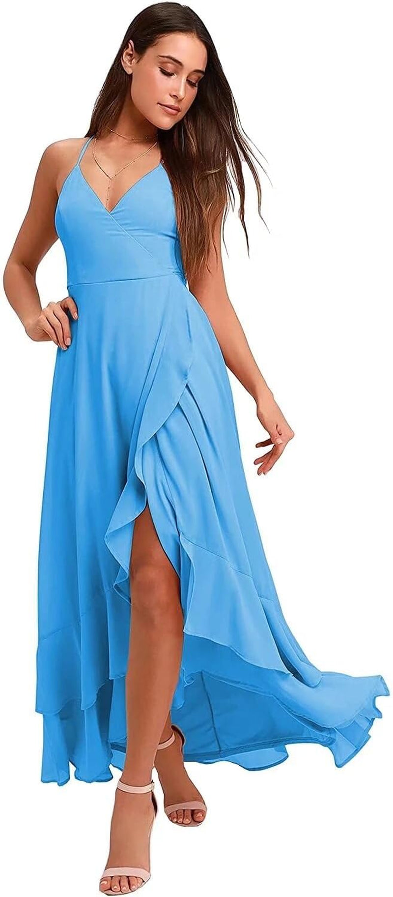 Spaghetti Strap Chiffon Bridesmaid Dresses Long for Women V Neck Slit High Low Formal Maxi Gown