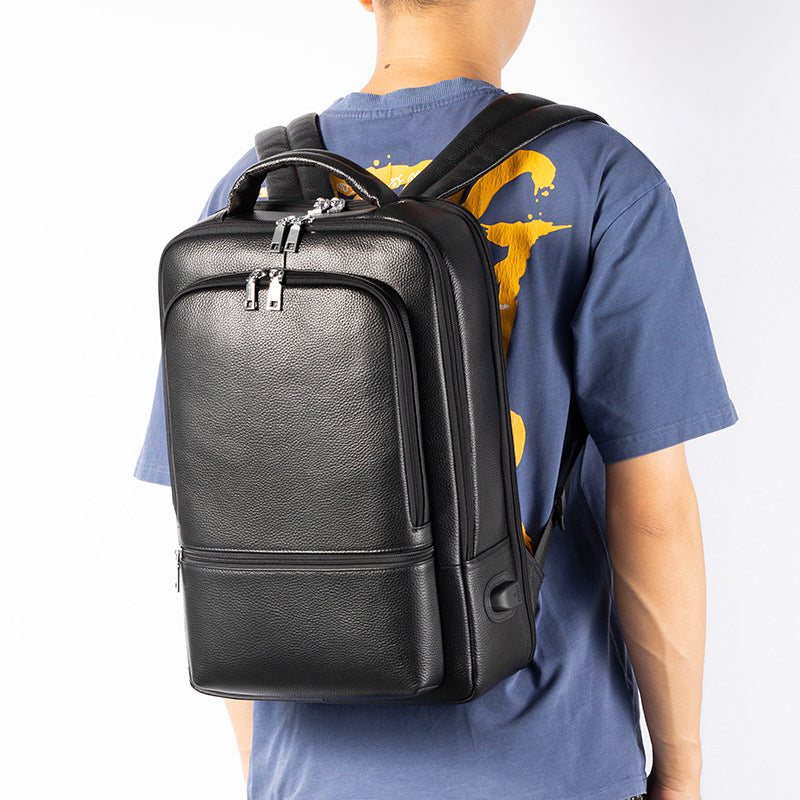 Business Fashion Men'S Bag Multifunctional USB Large Capacity Leather Backpack