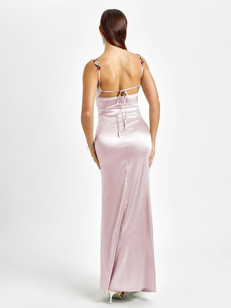 Parthea Backless Floral Embroidery Splicing Back Tie Mermaid Hem Bodycon Cami Dress,Suitable for Dates, Parties, Vacations and Formal Dinners