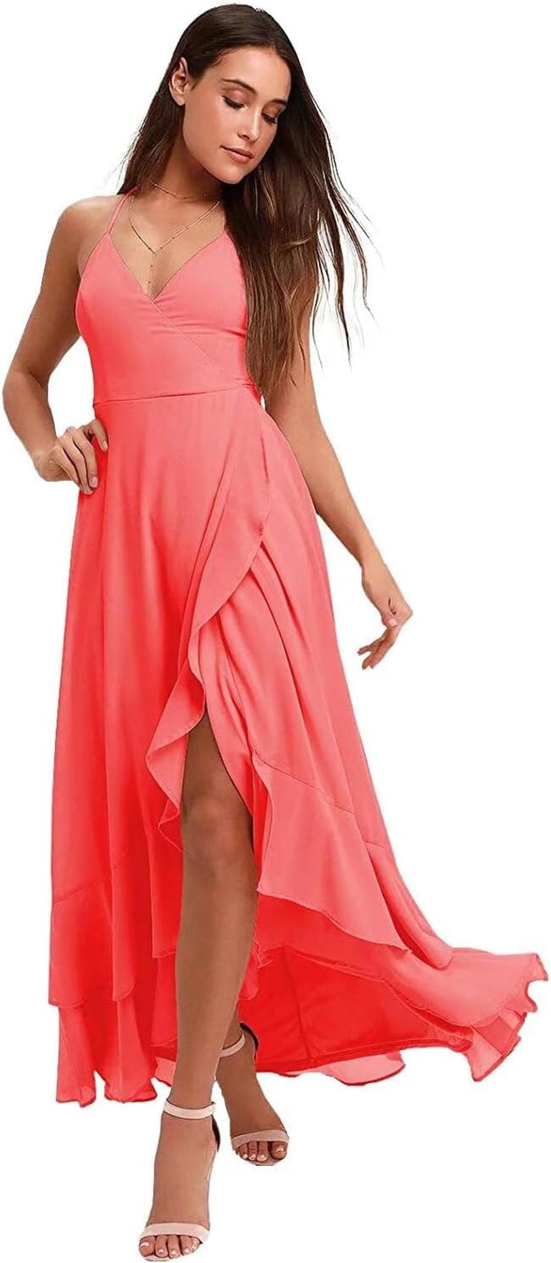 Spaghetti Strap Chiffon Bridesmaid Dresses Long for Women V Neck Slit High Low Formal Maxi Gown
