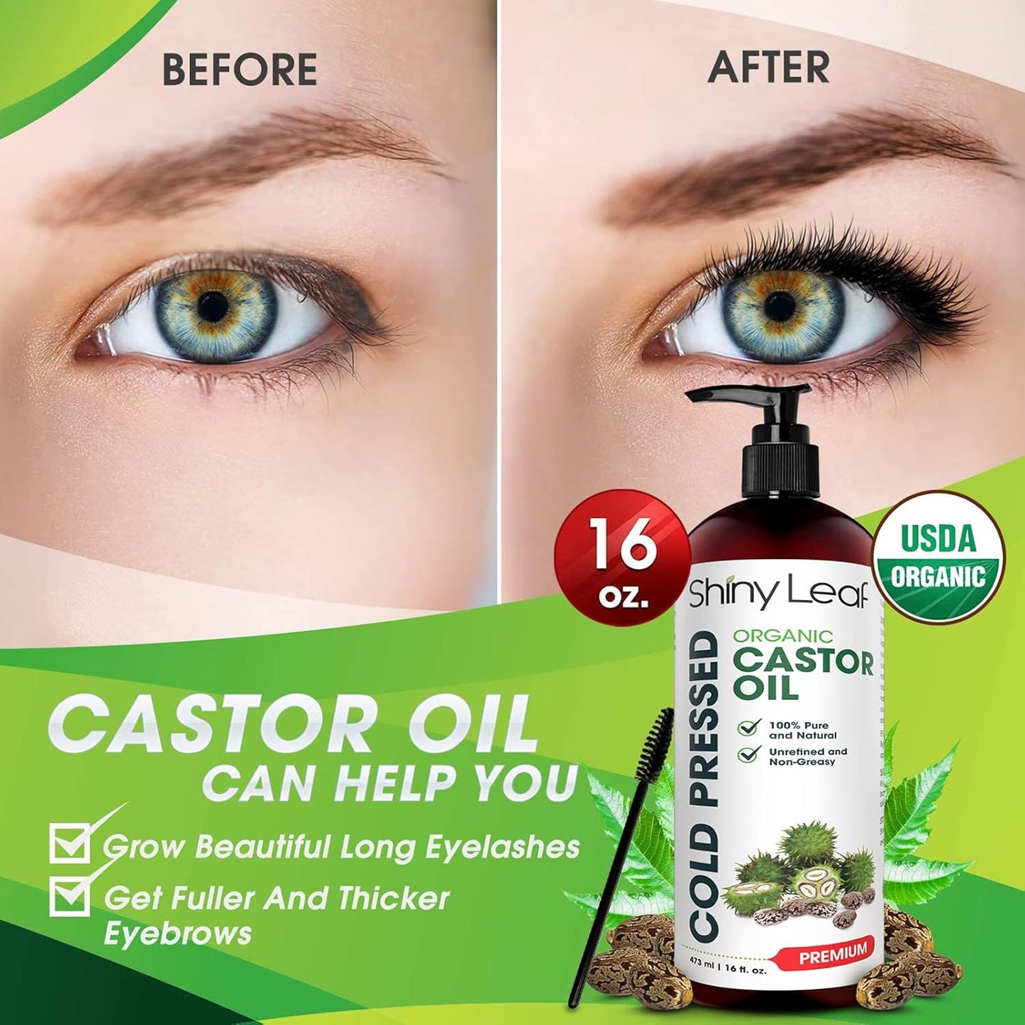 Organic Cold-Pressed Castor Oil (16 Oz) - Boost Hair Growth, Nourish Dry Skin & Enhance Eyelashes by Shiny Leaf