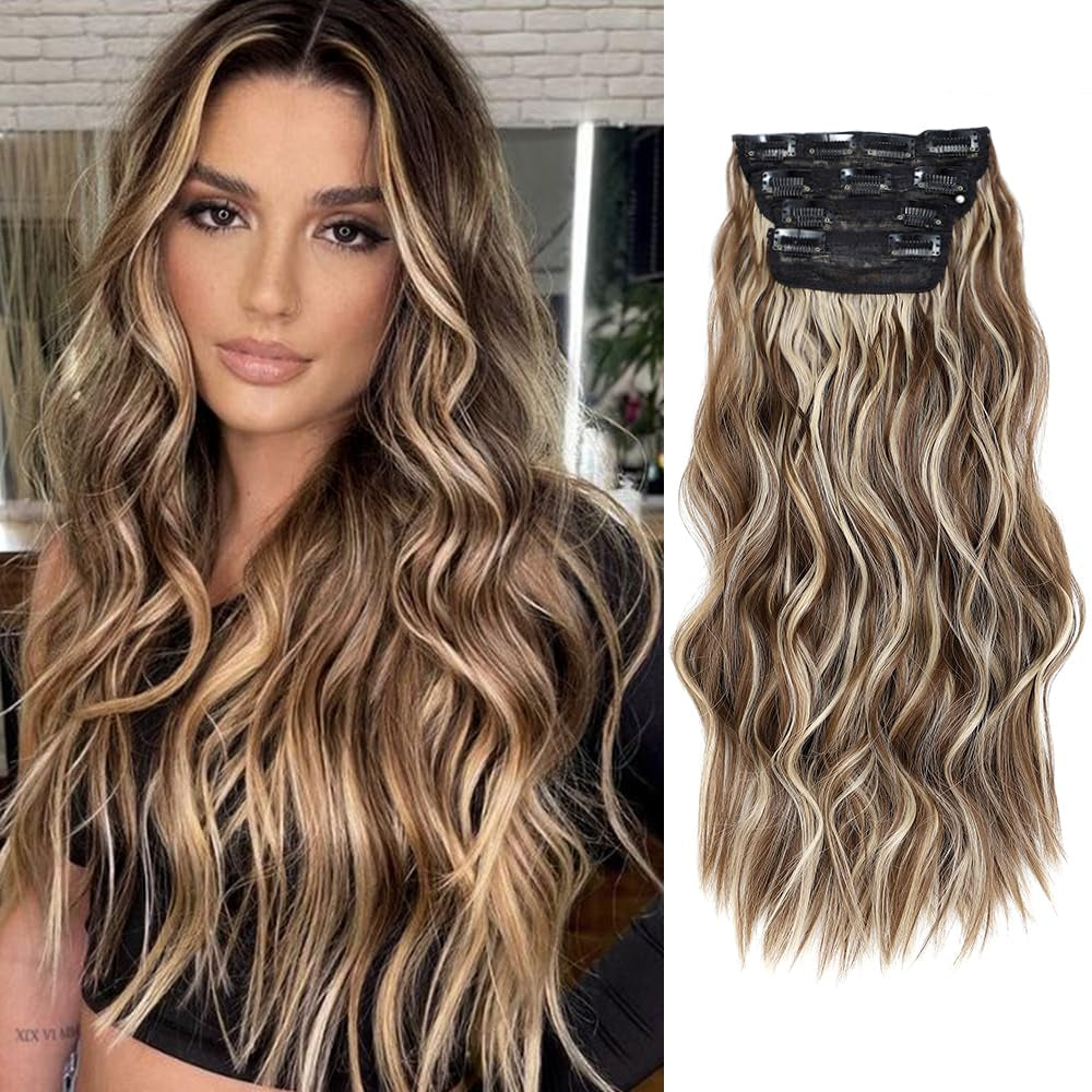 4PCS Clip in Hair Extensions 20Inch Black Hair Extensions Long Wavy Hair Extensions Clip Ins Synthetic Thick Hair Piece for Women(Black)