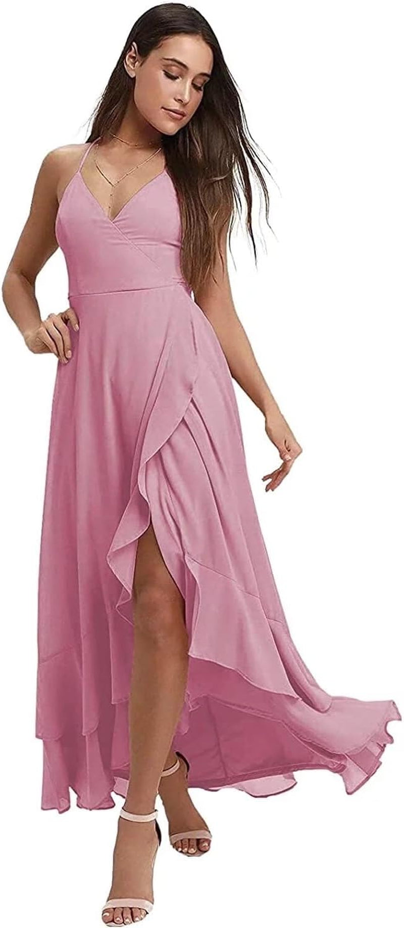 Spaghetti Strap Chiffon Bridesmaid Dresses Long for Women V Neck Slit High Low Formal Maxi Gown