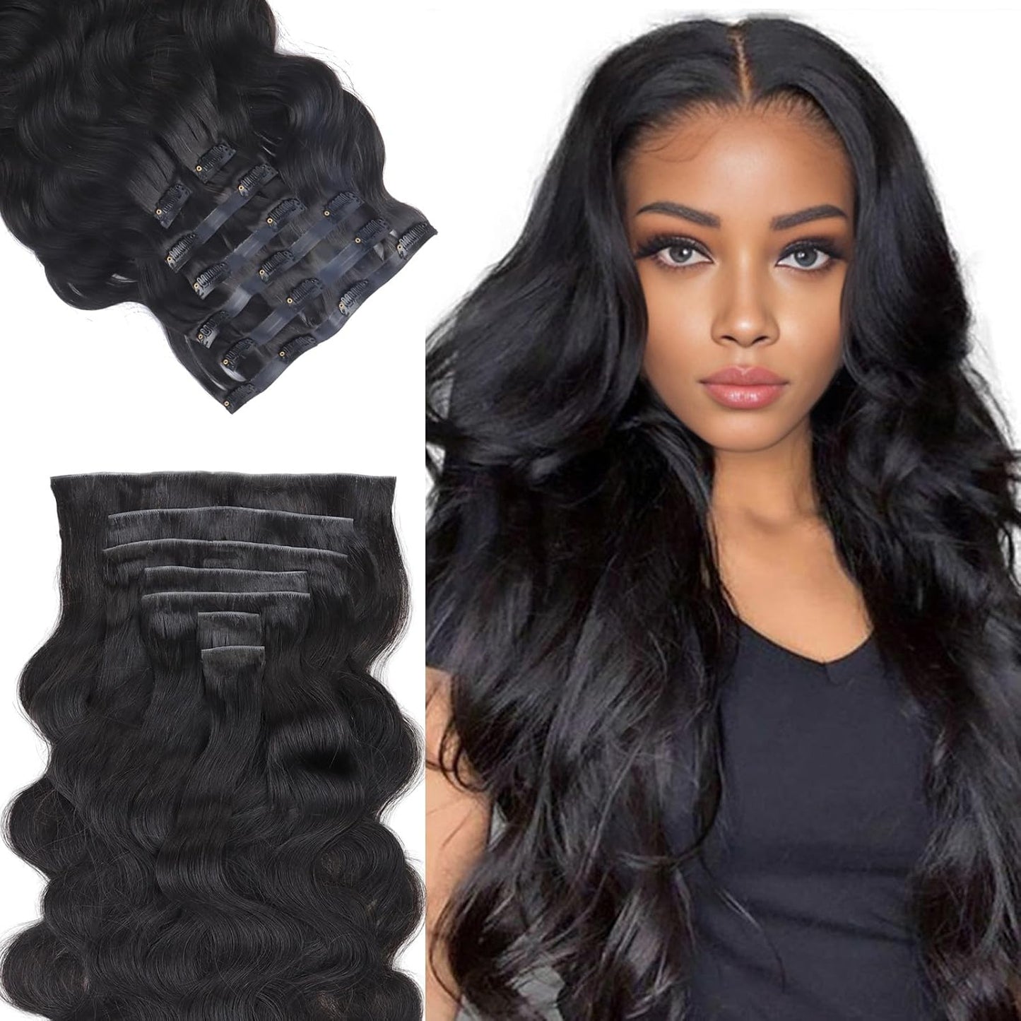 Seamless Clip in Hair Extensions - Human Hair Kinky Curly, 14 Inch 110G Natural Black, Ultra-Thin 0.8Mm PU Weft Real Human Hair Clip Ins
