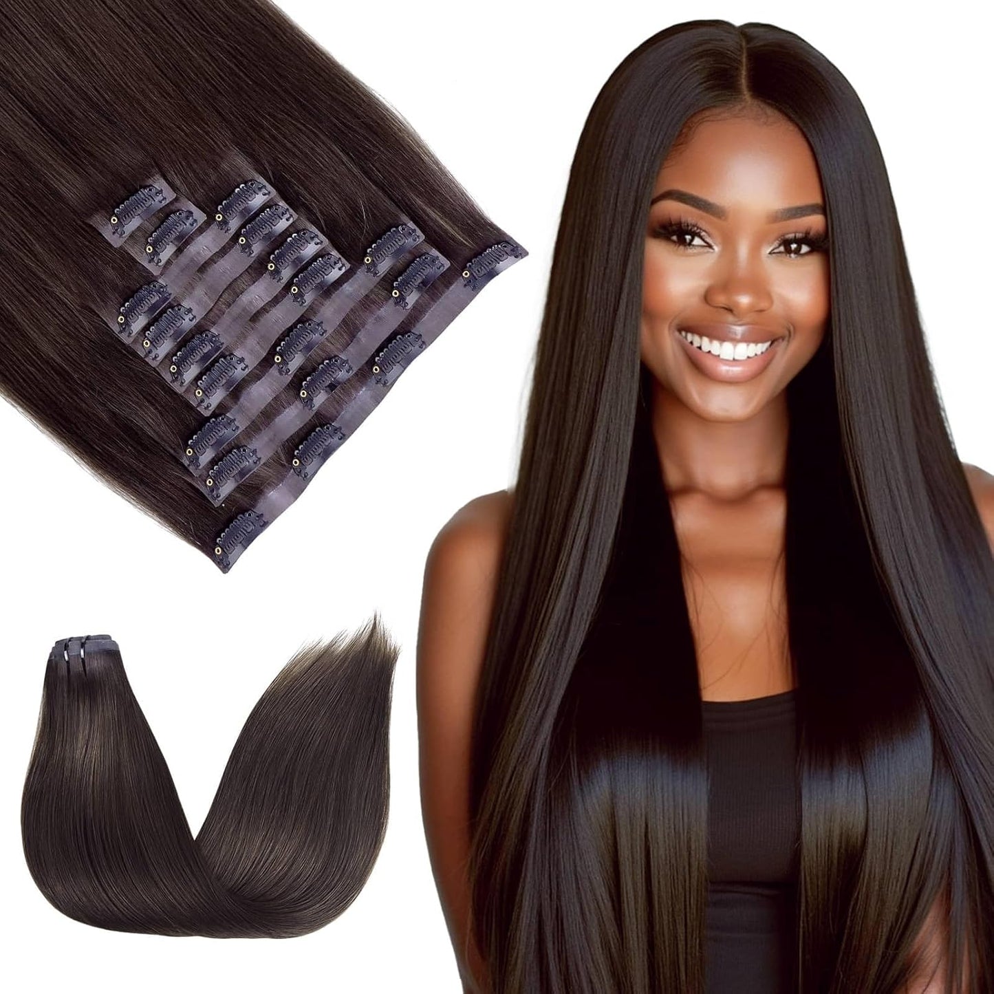 Seamless Clip in Hair Extensions - Human Hair Kinky Curly, 14 Inch 110G Natural Black, Ultra-Thin 0.8Mm PU Weft Real Human Hair Clip Ins