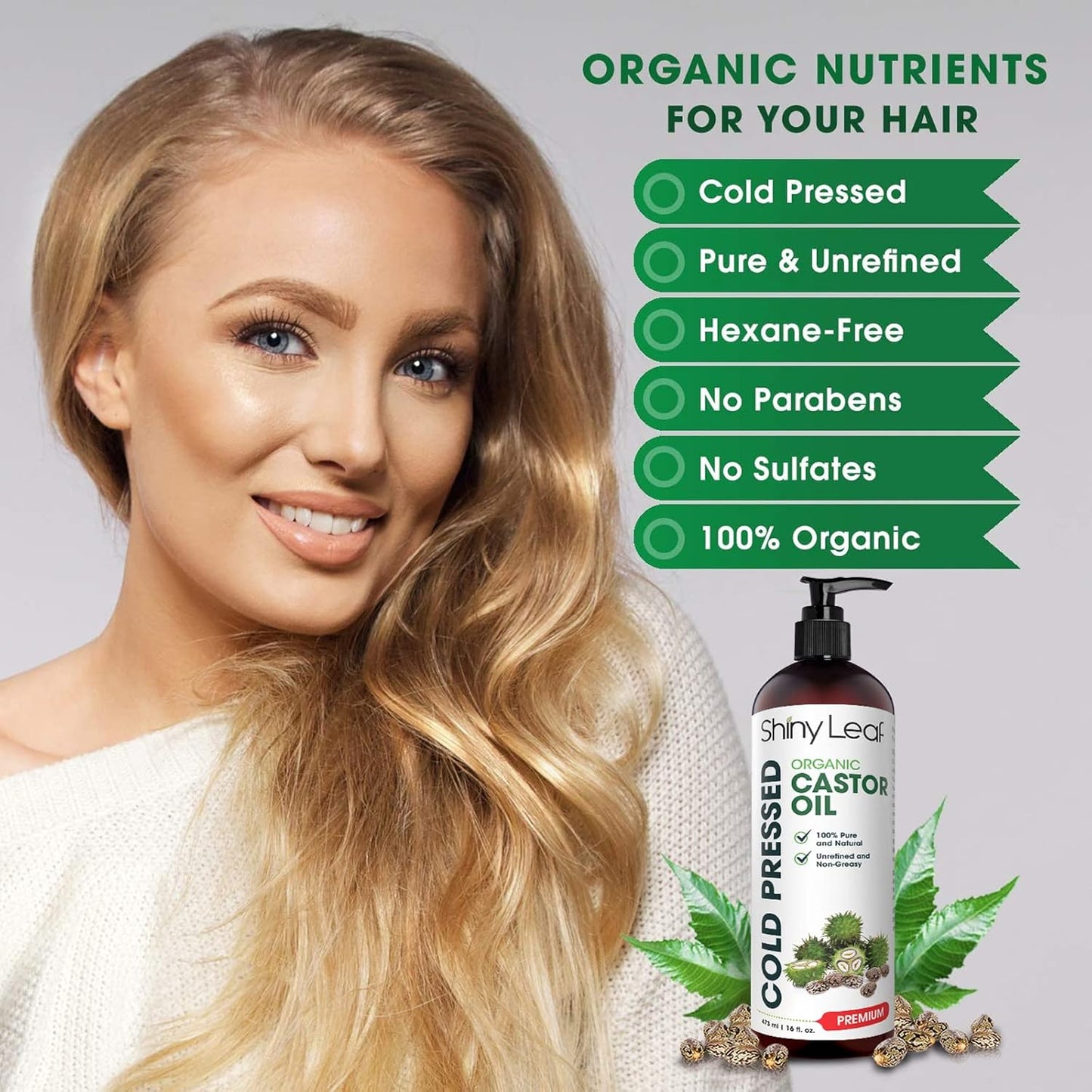 Organic Cold-Pressed Castor Oil (16 Oz) - Boost Hair Growth, Nourish Dry Skin & Enhance Eyelashes by Shiny Leaf