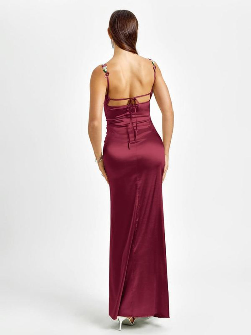 Parthea Backless Floral Embroidery Splicing Back Tie Mermaid Hem Bodycon Cami Dress,Suitable for Dates, Parties, Vacations and Formal Dinners