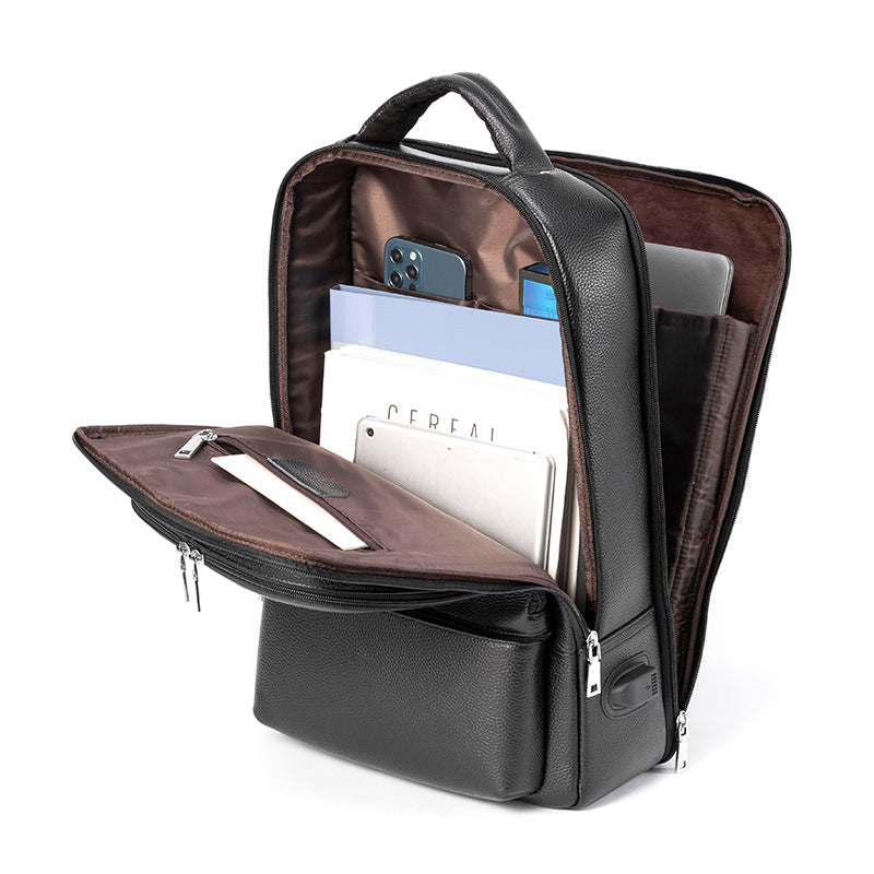 Business Fashion Men'S Bag Multifunctional USB Large Capacity Leather Backpack