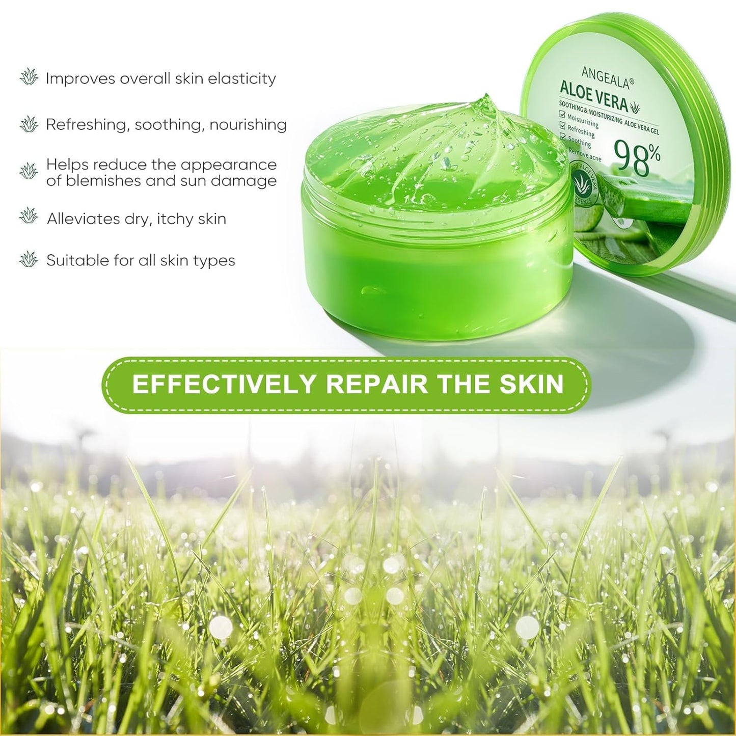 Freshly Harvested Organic Aloe Vera Gel - 98% Pure Soothing Moisturizer for Face, Body, Scalp & Hair (10oz)