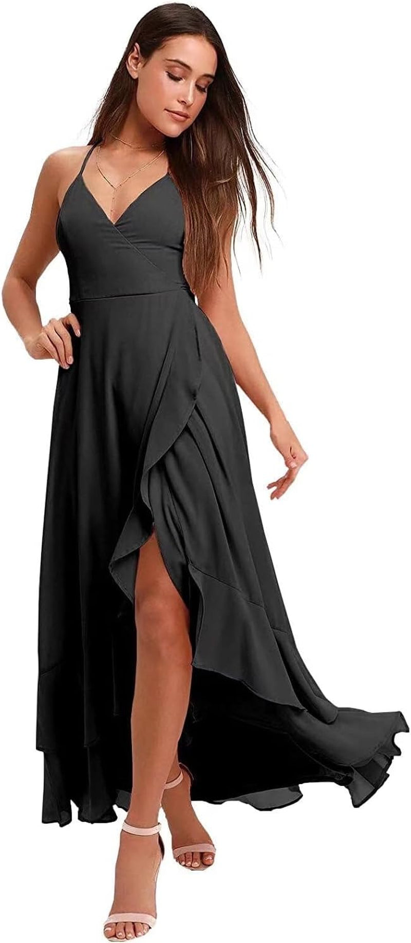 Spaghetti Strap Chiffon Bridesmaid Dresses Long for Women V Neck Slit High Low Formal Maxi Gown