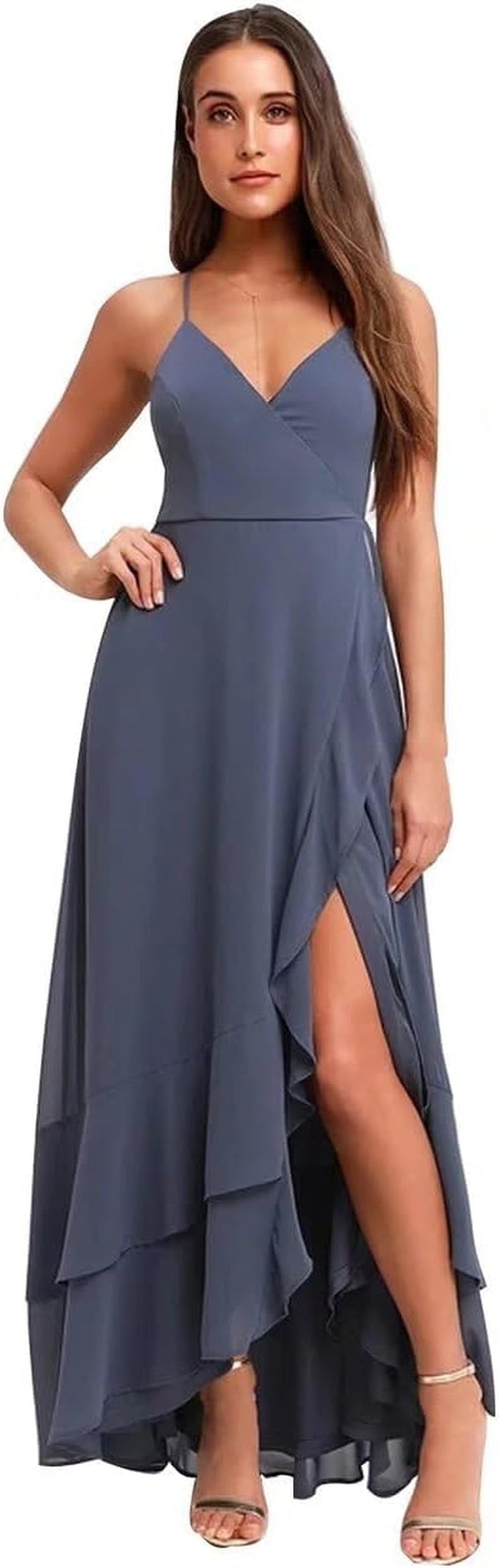 Spaghetti Strap Chiffon Bridesmaid Dresses Long for Women V Neck Slit High Low Formal Maxi Gown