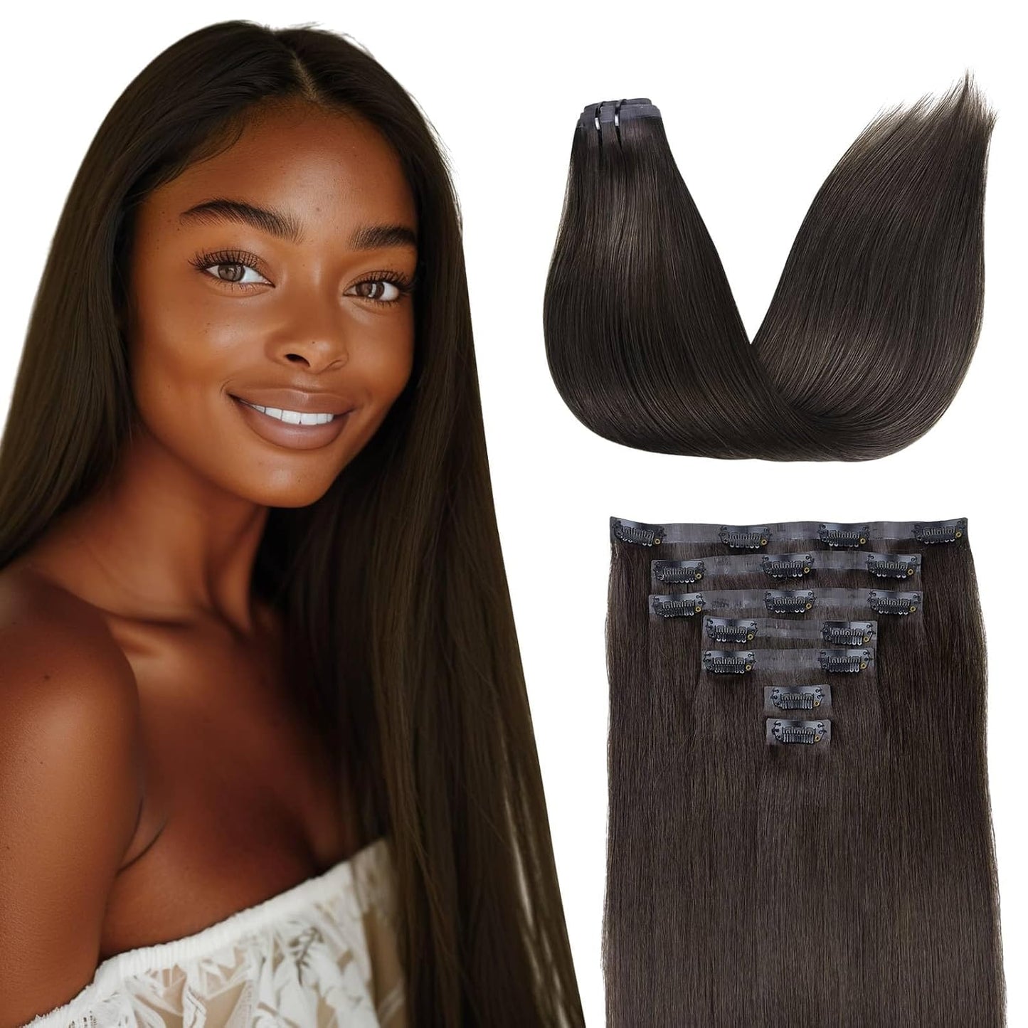 Seamless Clip in Hair Extensions - Human Hair Kinky Curly, 14 Inch 110G Natural Black, Ultra-Thin 0.8Mm PU Weft Real Human Hair Clip Ins