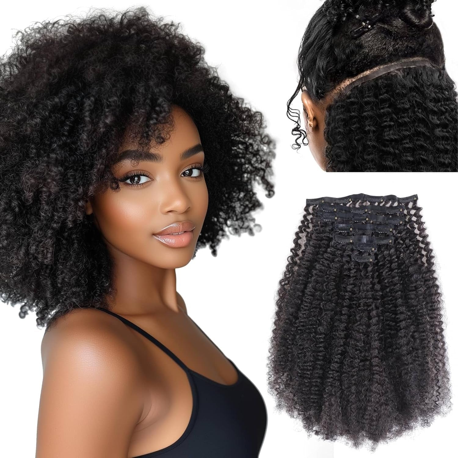 Seamless Clip in Hair Extensions - Human Hair Kinky Curly, 14 Inch 110G Natural Black, Ultra-Thin 0.8Mm PU Weft Real Human Hair Clip Ins