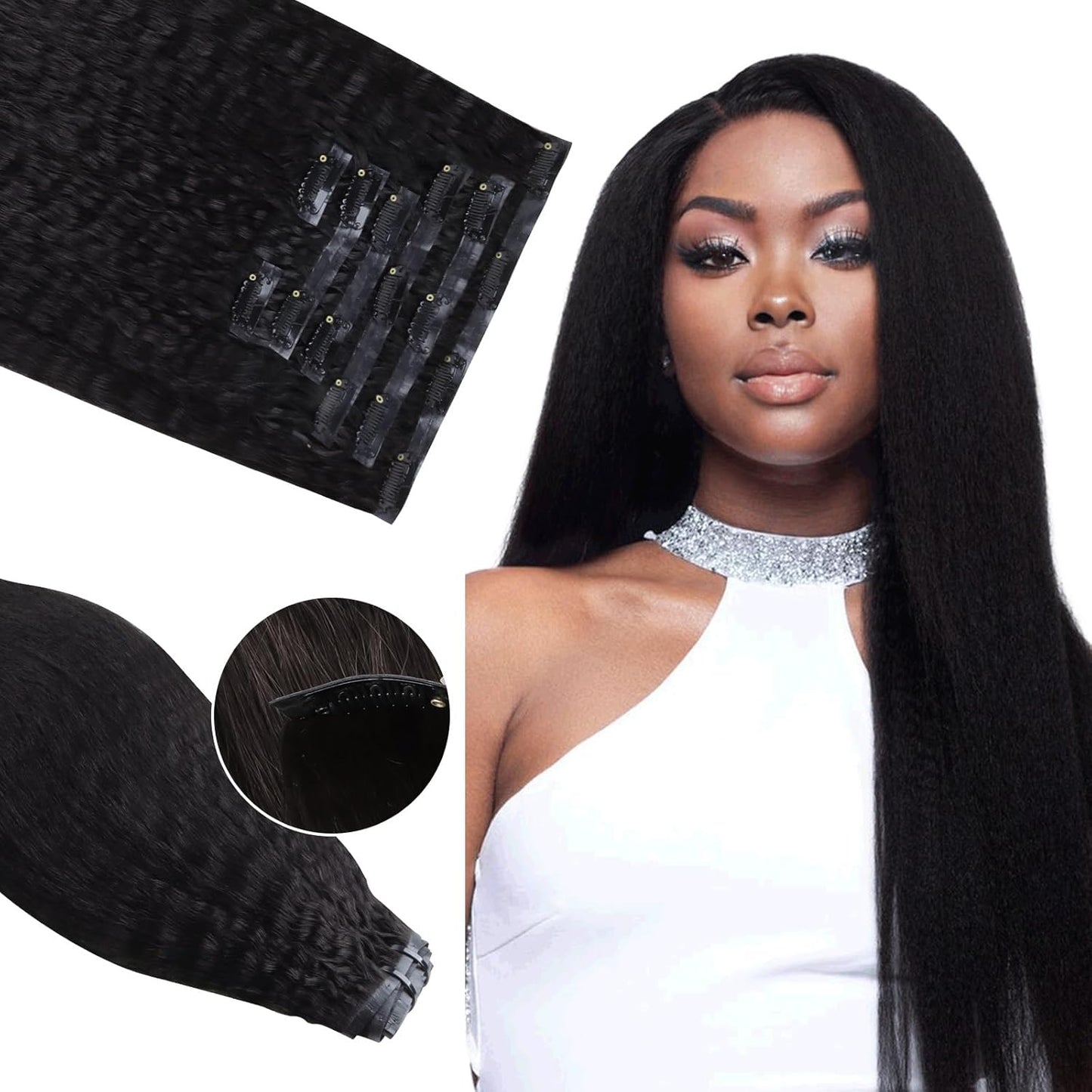 Seamless Clip in Hair Extensions - Human Hair Kinky Curly, 14 Inch 110G Natural Black, Ultra-Thin 0.8Mm PU Weft Real Human Hair Clip Ins
