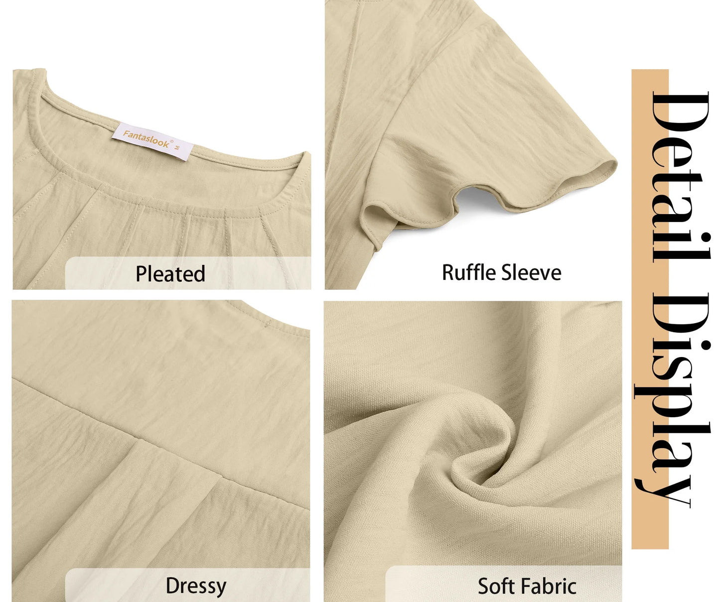 Pleated  Tops Business Work Shirts Ruffle Sleeve Crew Neck Summer Outfits