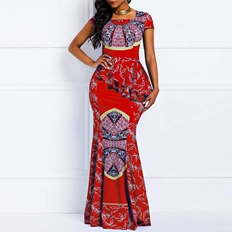 African Dress Cap Sleeve Square Neck Floor-Length Geometric Mermaid Maxi Dress Long Dress