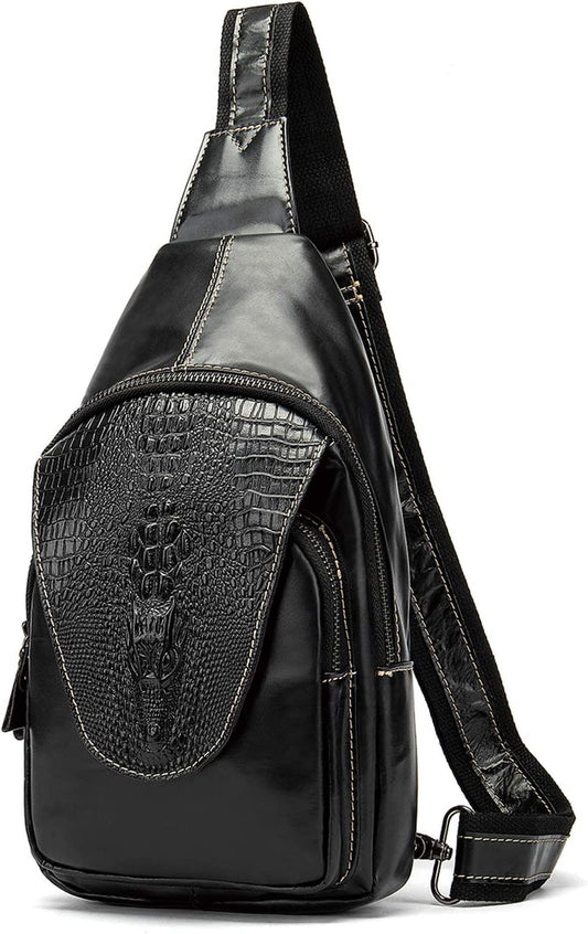 NIUCUNZH Handmade Genuine Leather Crossbody Sling Bag Crocodile Embossing Chest Bag Waterproof Shoulder Bag