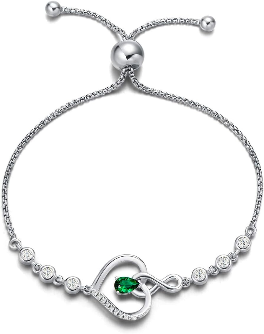 AGVANA Heart Birthstone Bracelets for Women Sterling Silver Genuine or Created Gemstone Tennis Bracelet Infinity Love Jewelry Anniversary Birthday Gifts for Wife Mom Women