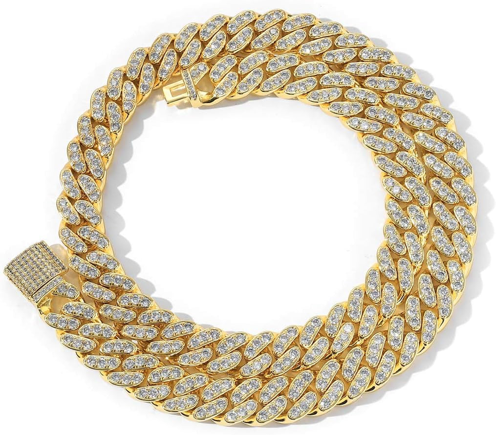 Gold Cuban Chain for Men,Hip Hop 13Mm 14K Gold Plated Iced Out Lab Diamond Miami Cuban Link Chain Necklace,Full Cz Diamond Cut