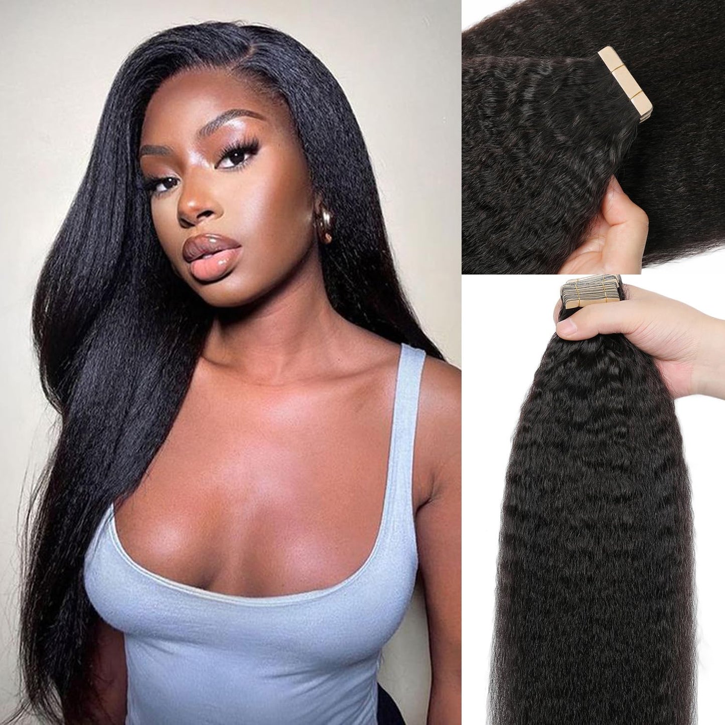 60PCS Tape in Hair Extensions Real Human Hair Kinky Straight Tape in Extensions Invisible Seamless Skin Weft Yaki Straight Human Hair Tape Ins for Black Women 12 Inch