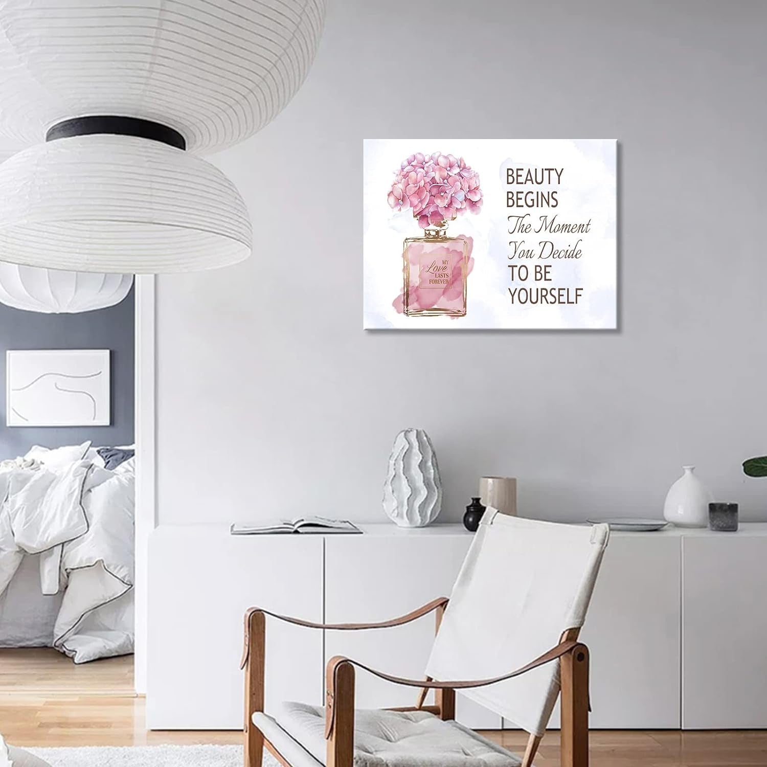 Elegant Gold Bottle & Pink Flower Canvas Wall Art - Inspirational Quotes for Bathroom, Bedroom & Powder Room - 16" x 12