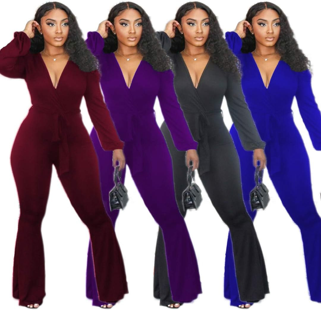 Jumpsuits for Women Elegant One Piece Outfits High Waist Bell Pants Suits Jumper with Belt plus Size