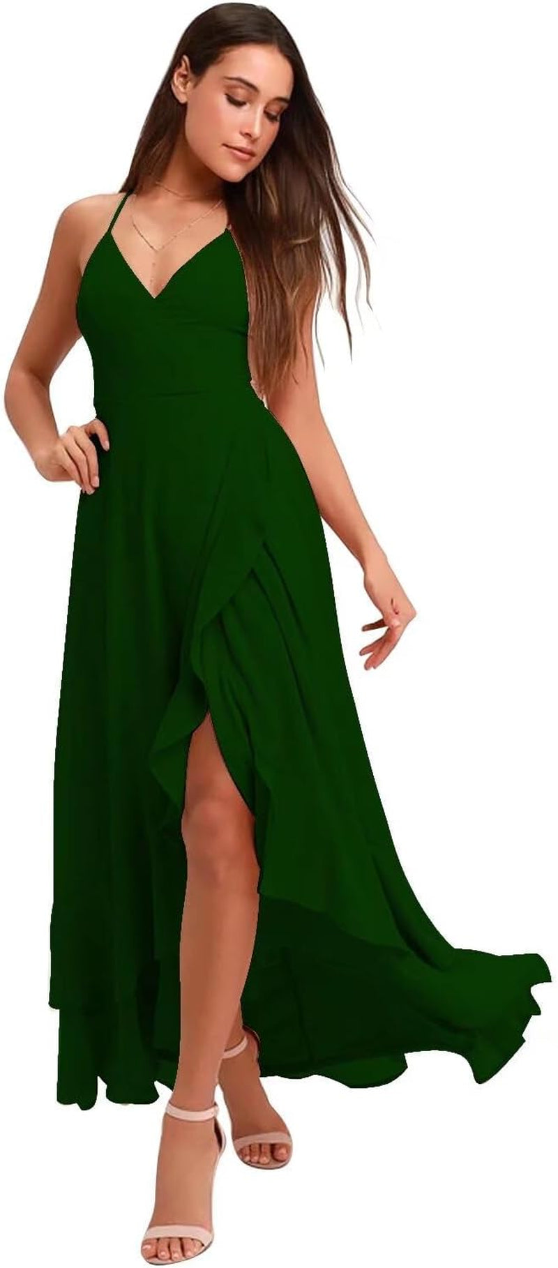 Spaghetti Strap Chiffon Bridesmaid Dresses Long for Women V Neck Slit High Low Formal Maxi Gown