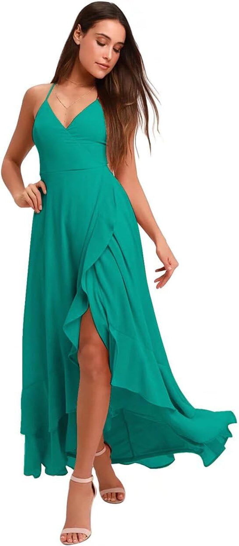 Spaghetti Strap Chiffon Bridesmaid Dresses Long for Women V Neck Slit High Low Formal Maxi Gown