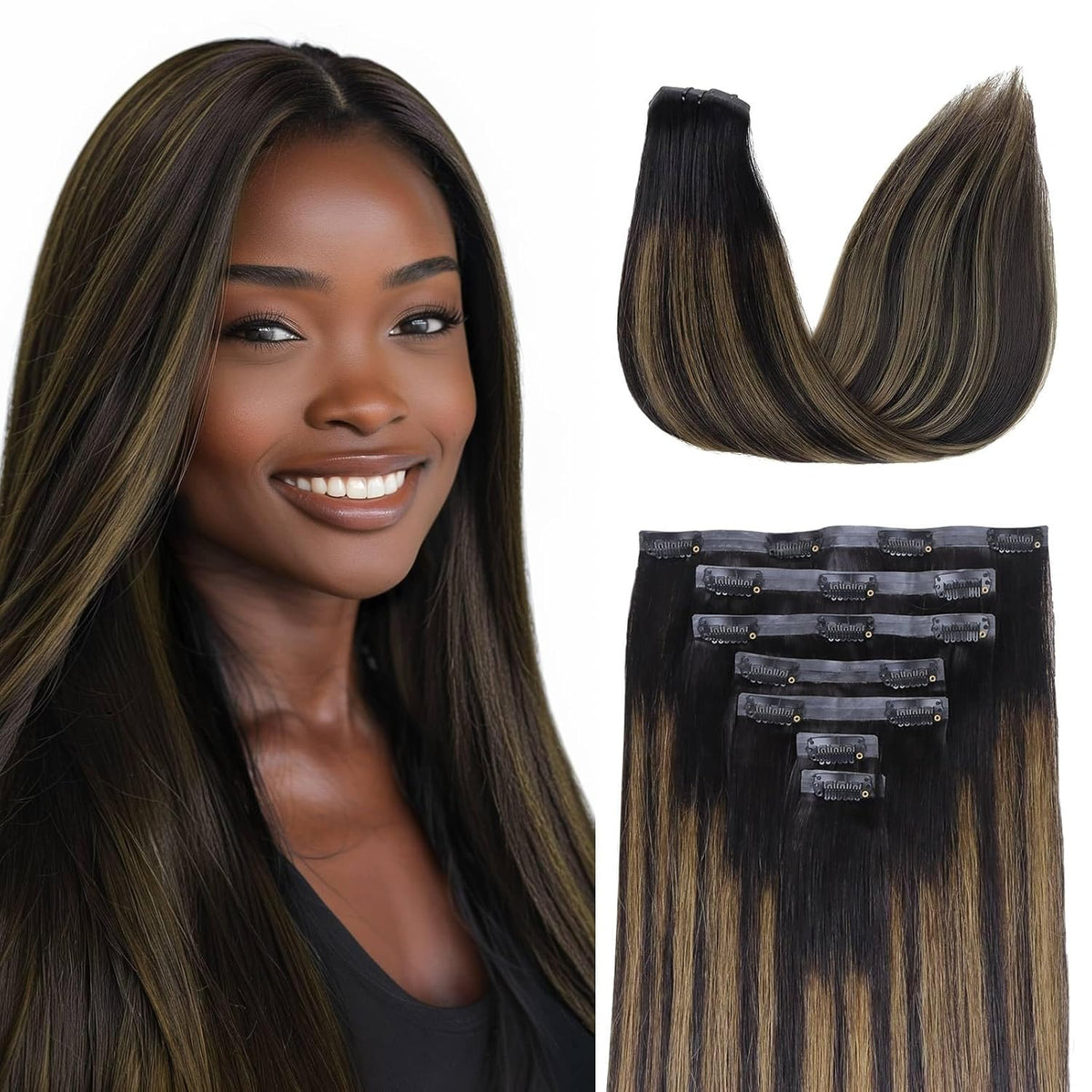 Seamless Clip in Hair Extensions - Human Hair Kinky Curly, 14 Inch 110G Natural Black, Ultra-Thin 0.8Mm PU Weft Real Human Hair Clip Ins