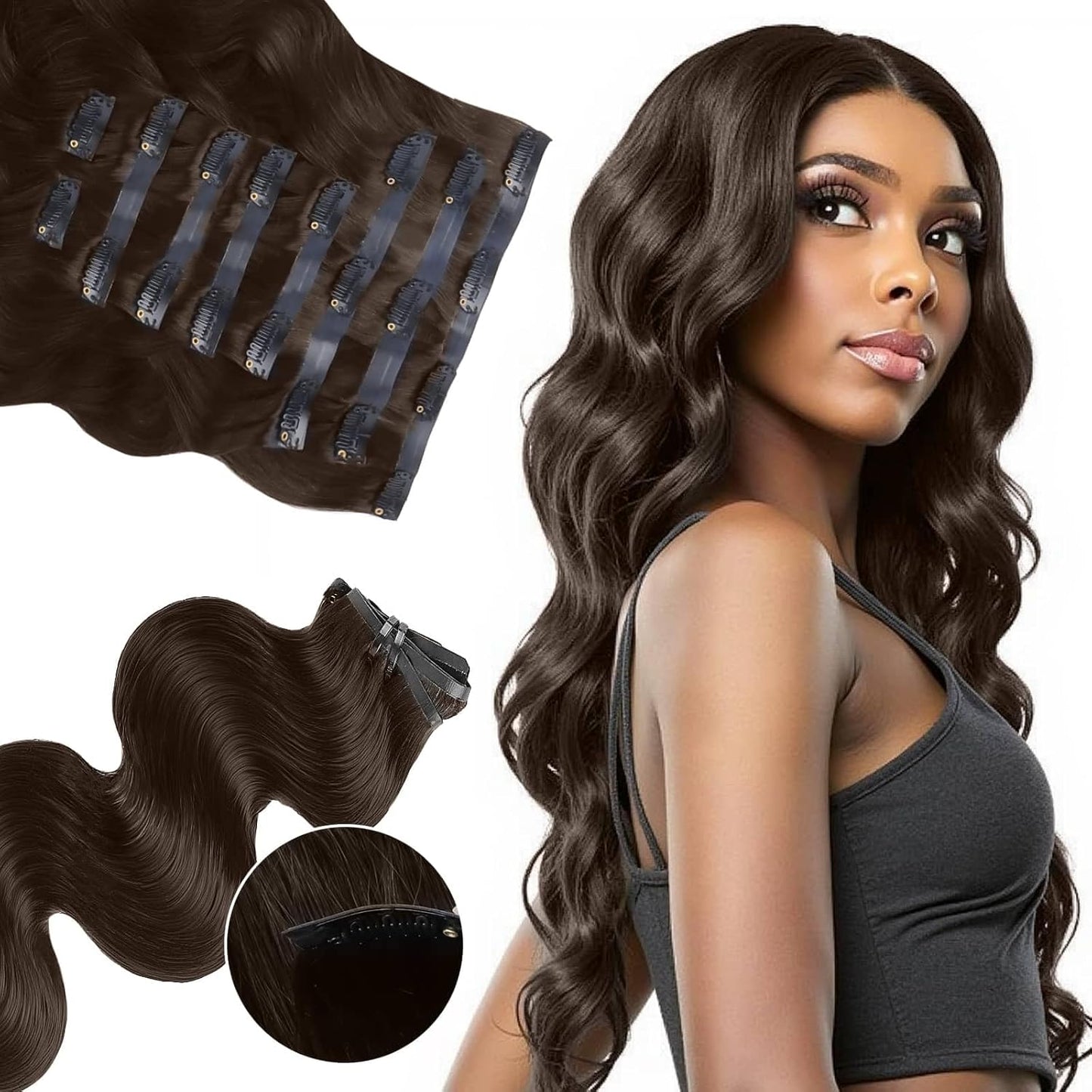 Seamless Clip in Hair Extensions - Human Hair Kinky Curly, 14 Inch 110G Natural Black, Ultra-Thin 0.8Mm PU Weft Real Human Hair Clip Ins