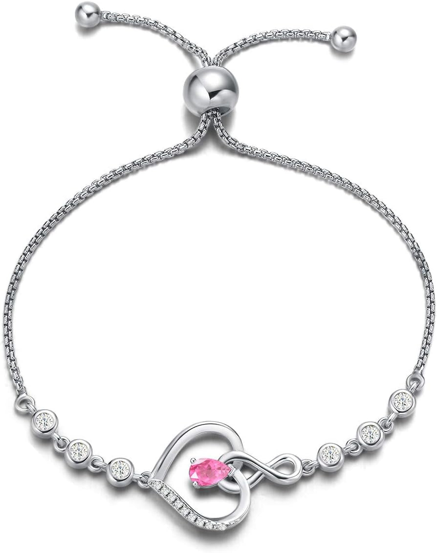 AGVANA Heart Birthstone Bracelets for Women Sterling Silver Genuine or Created Gemstone Tennis Bracelet Infinity Love Jewelry Anniversary Birthday Gifts for Wife Mom Women