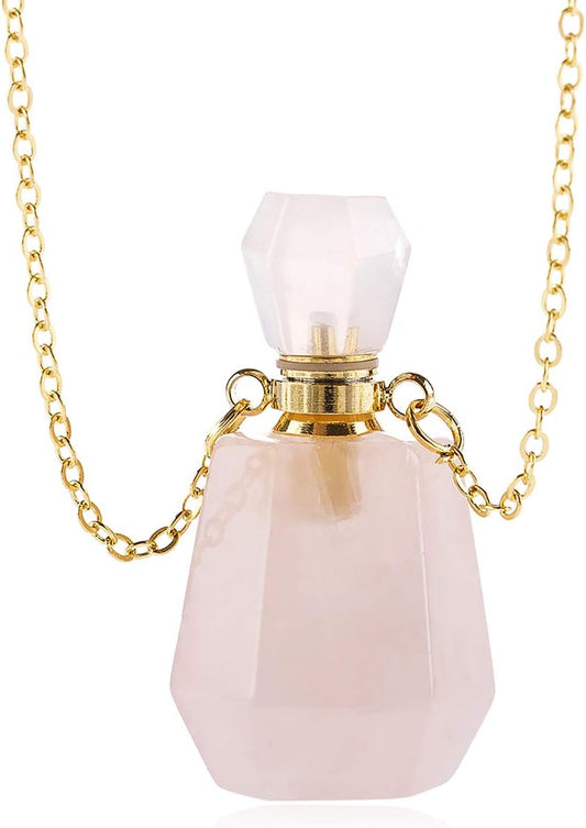 Gemstone Crystal Perfume Bottle Diffuser Necklace - Stylish Aromatherapy Essential Oil Locket Pendant for Travel and Fragrance