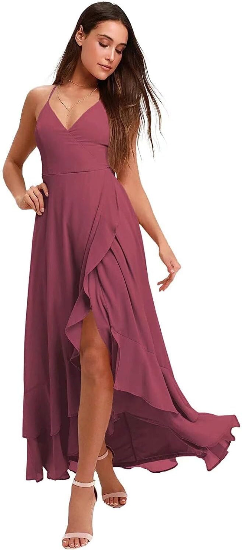 Spaghetti Strap Chiffon Bridesmaid Dresses Long for Women V Neck Slit High Low Formal Maxi Gown