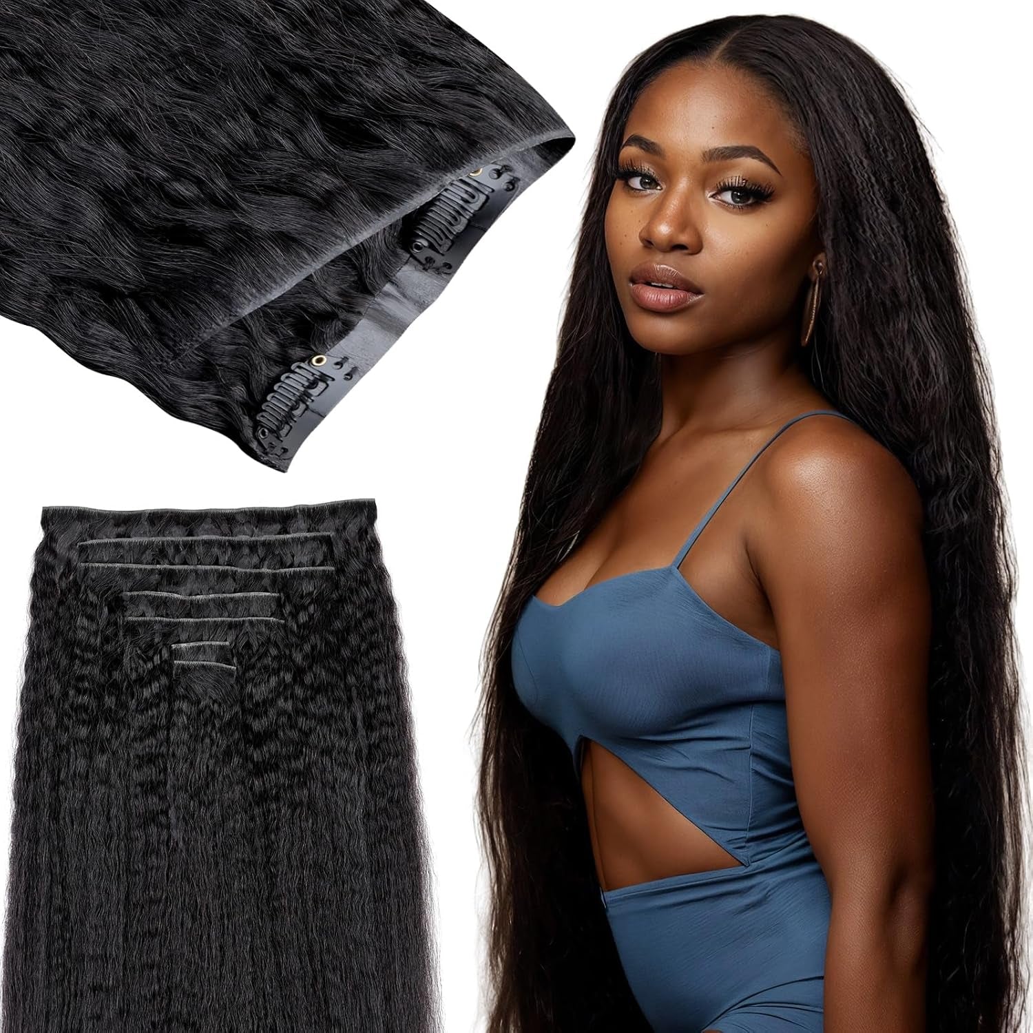 Seamless Clip in Hair Extensions - Human Hair Kinky Curly, 14 Inch 110G Natural Black, Ultra-Thin 0.8Mm PU Weft Real Human Hair Clip Ins