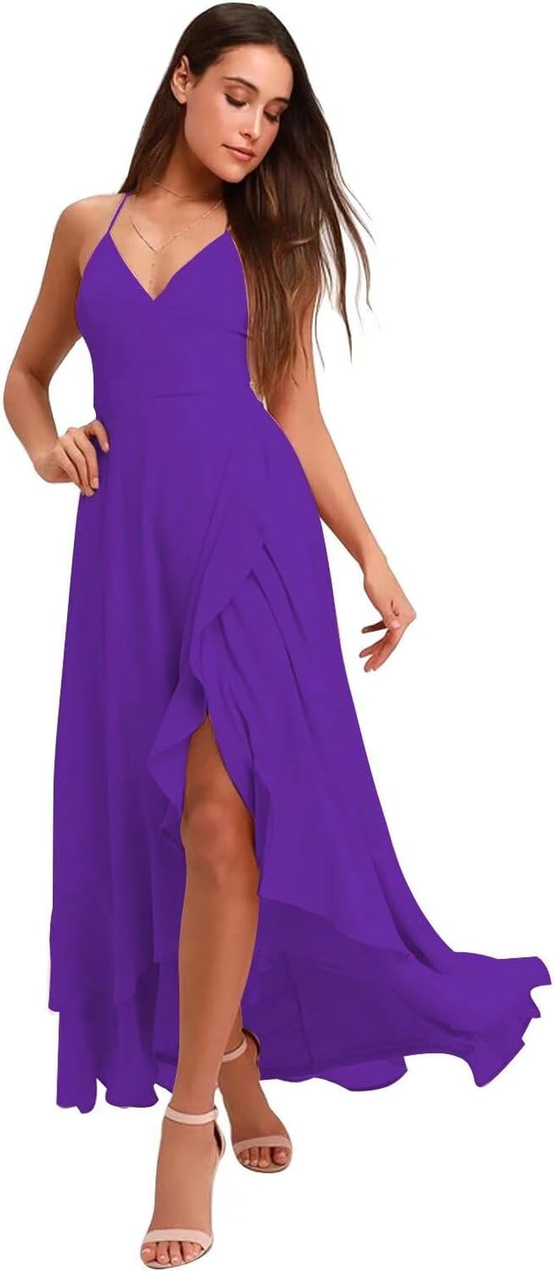 Spaghetti Strap Chiffon Bridesmaid Dresses Long for Women V Neck Slit High Low Formal Maxi Gown