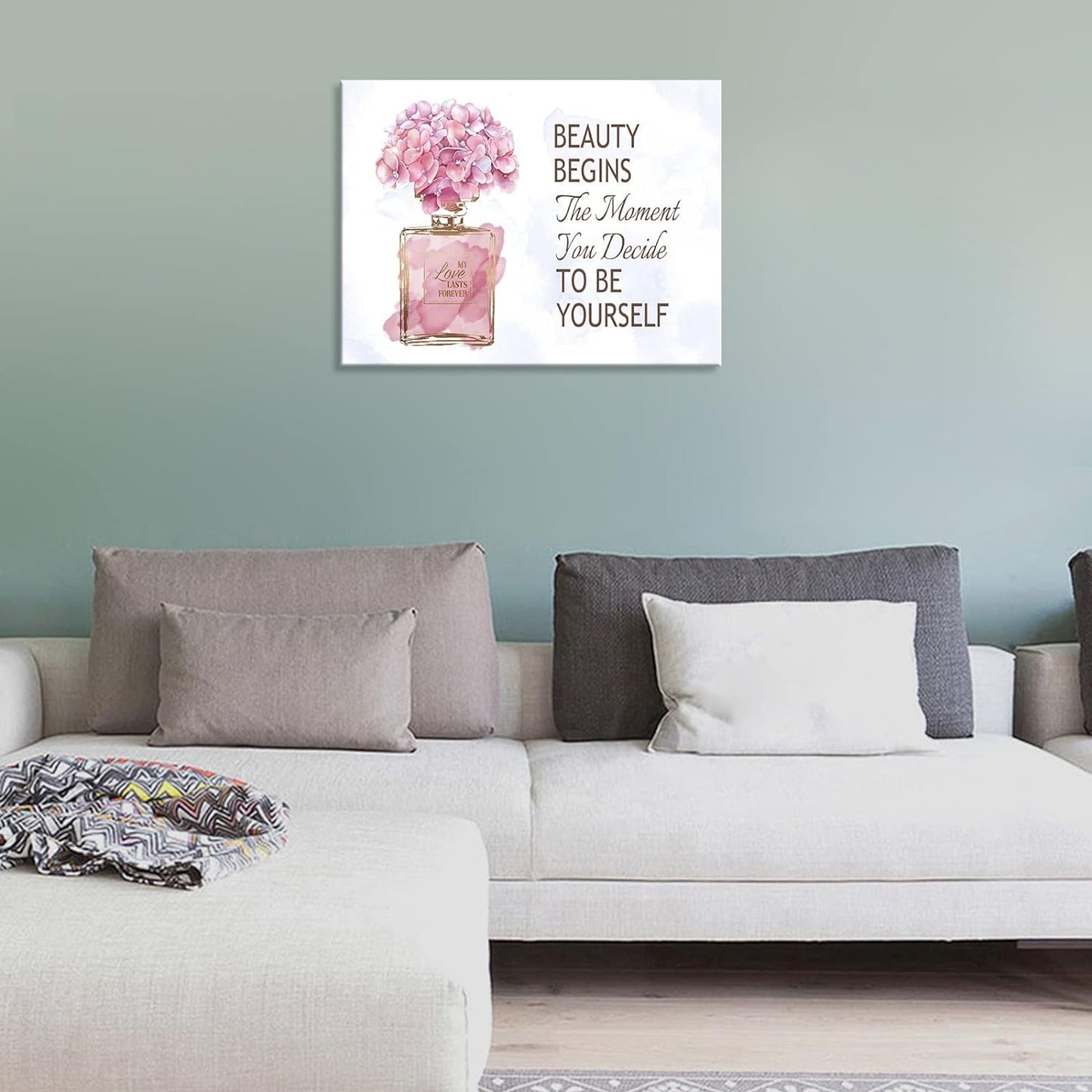 Elegant Gold Bottle & Pink Flower Canvas Wall Art - Inspirational Quotes for Bathroom, Bedroom & Powder Room - 16" x 12