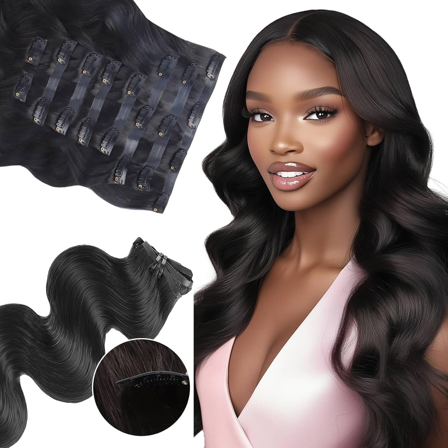 Seamless Clip in Hair Extensions - Human Hair Kinky Curly, 14 Inch 110G Natural Black, Ultra-Thin 0.8Mm PU Weft Real Human Hair Clip Ins