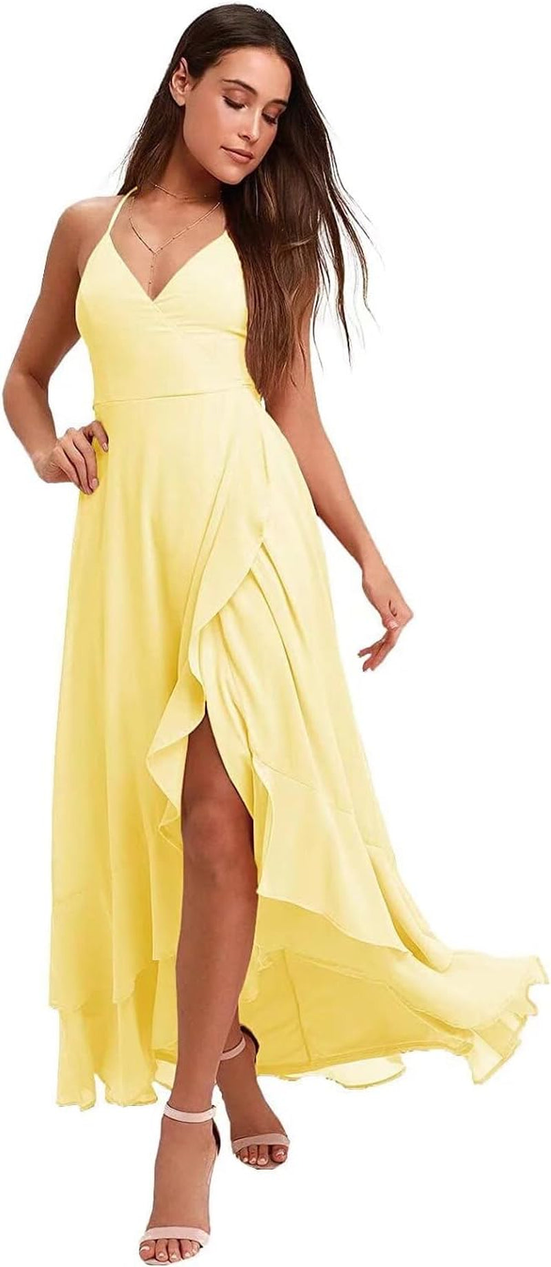 Spaghetti Strap Chiffon Bridesmaid Dresses Long for Women V Neck Slit High Low Formal Maxi Gown