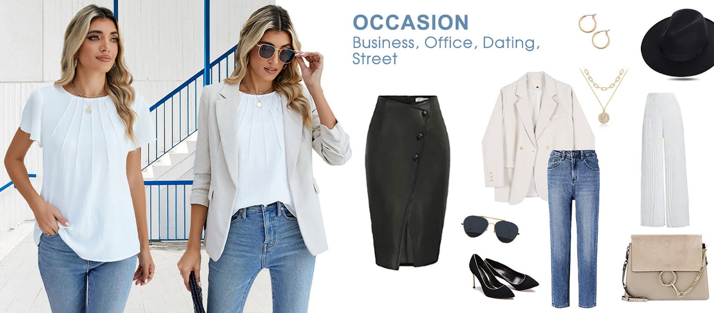 Pleated  Tops Business Work Shirts Ruffle Sleeve Crew Neck Summer Outfits