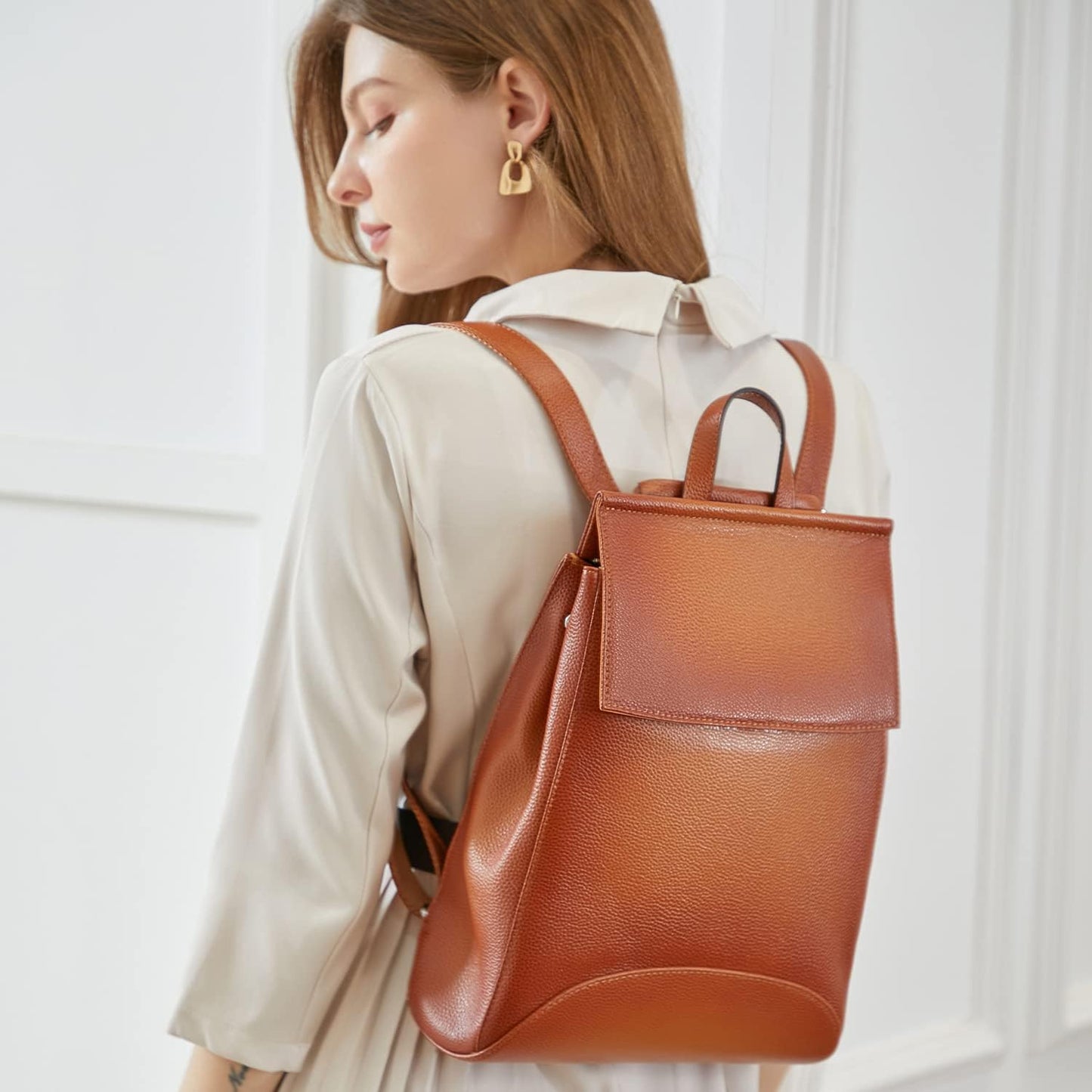 HESHE Genuine Leather Backpack Purse Convertible Womens Backpack Lightweight Work Bag Ladies Backpack(Sorrel)