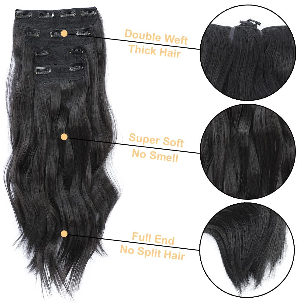 4PCS Clip in Hair Extensions 20Inch Black Hair Extensions Long Wavy Hair Extensions Clip Ins Synthetic Thick Hair Piece for Women(Black)