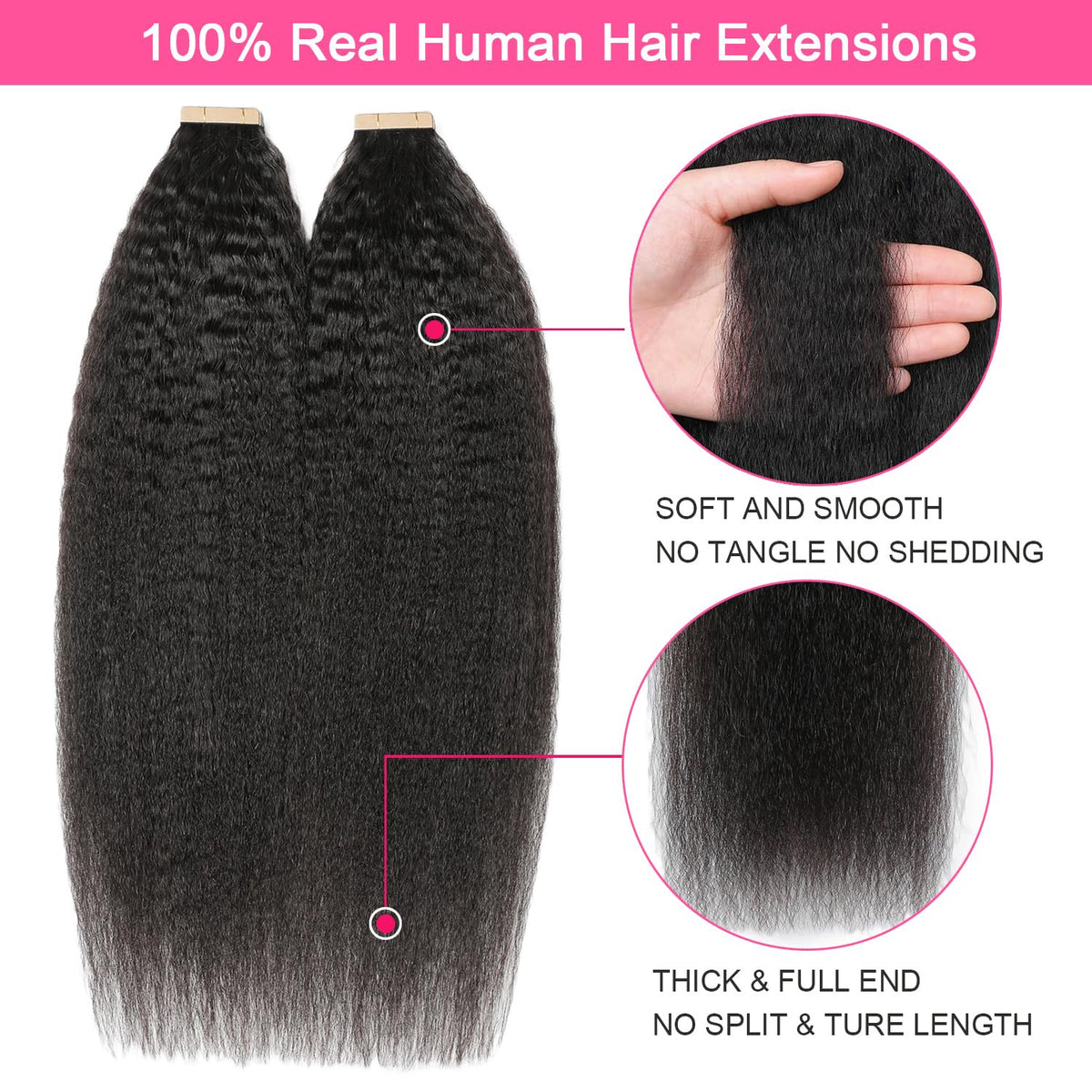 60PCS Tape in Hair Extensions Real Human Hair Kinky Straight Tape in Extensions Invisible Seamless Skin Weft Yaki Straight Human Hair Tape Ins for Black Women 12 Inch